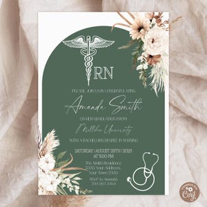 Editable Nursing Graduation Invitation. Registered Nurse Invitation. Floral RN invitate. Licensed Vocational Nurse. Boho Floral Graduation.