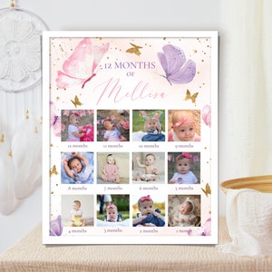 Póster editable con foto de mariposa para el primer cumpleaños. Collage de cumpleaños de bebé de 12 meses. Letrero con foto para el primer cumpleaños. Póster con foto del primer año del bebé.