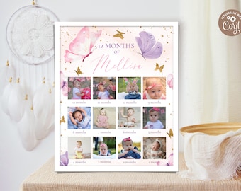 Editable Butterfly First Birthday Photo Poster. Baby Birthday 12 Month Collage. 1st Birthday Photo Sign. Baby's First Year Photo Poster.