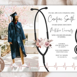Editable Nursing Graduation Invitation With Photo Registered Nurse Boho Floral Black & White Invite Grad Announcement Edit Online Flowers