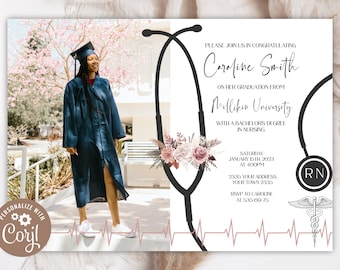 Editable Nursing Graduation Invitation With Photo Registered Nurse Boho Floral Black & White Invite Grad Announcement Edit Online Flowers