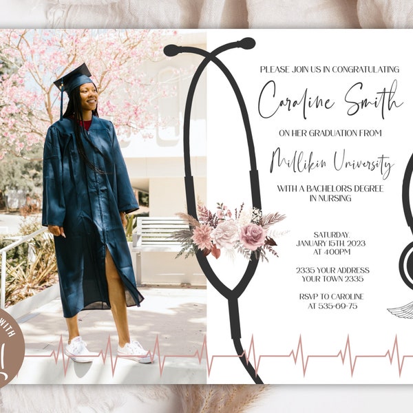 Bearbeitbare Pflege-Abschluss-Einladung mit Foto Registered Nurse Boho-Blumen-Schwarz-Weiß-Invite Grad-Ankündigung Bearbeiten Online-Blumen