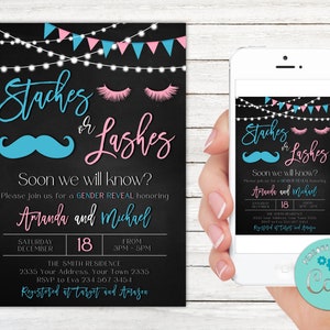 Editable Staches or Lashes Gender Reveal Invitation. Girl or Boy Invitation. Pink or Blue Shower. Staches. Lashes. Gender Reveal Shower.