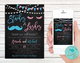 Editable Staches or Lashes Gender Reveal Invitation. Girl or Boy Invitation. Pink or Blue Shower. Staches. Lashes. Gender Reveal Shower.