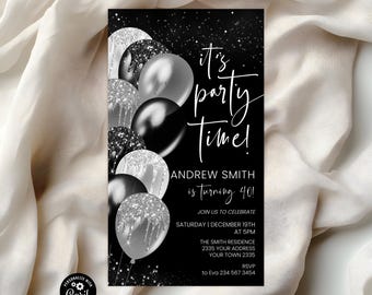 Editable Black & Silver Balloon Birthday Invitation (Smartphone). Silver Confetti Smartphone Modern Text Message Invite.