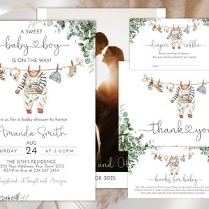 Bewerkbare uitnodigingsset voor babyshower voor jongens. Babykleding babyshower uitnodigen. Blauwgroen aquarel. Achterkant met foto. Wasdouche.