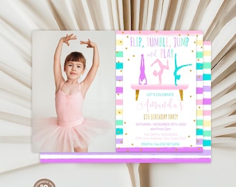 Gymnastics Birthday Invitation Template, Editable Photo Party Invite, Girl Birthday (Digital)