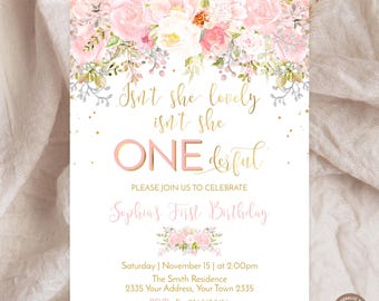 Editable Blush Pink Floral 1st Birthday Invitation (Digital), Girl First Birthday Party Invite