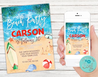 Watercolor Beach Birthday Party Invitation (Editable Digital Item)