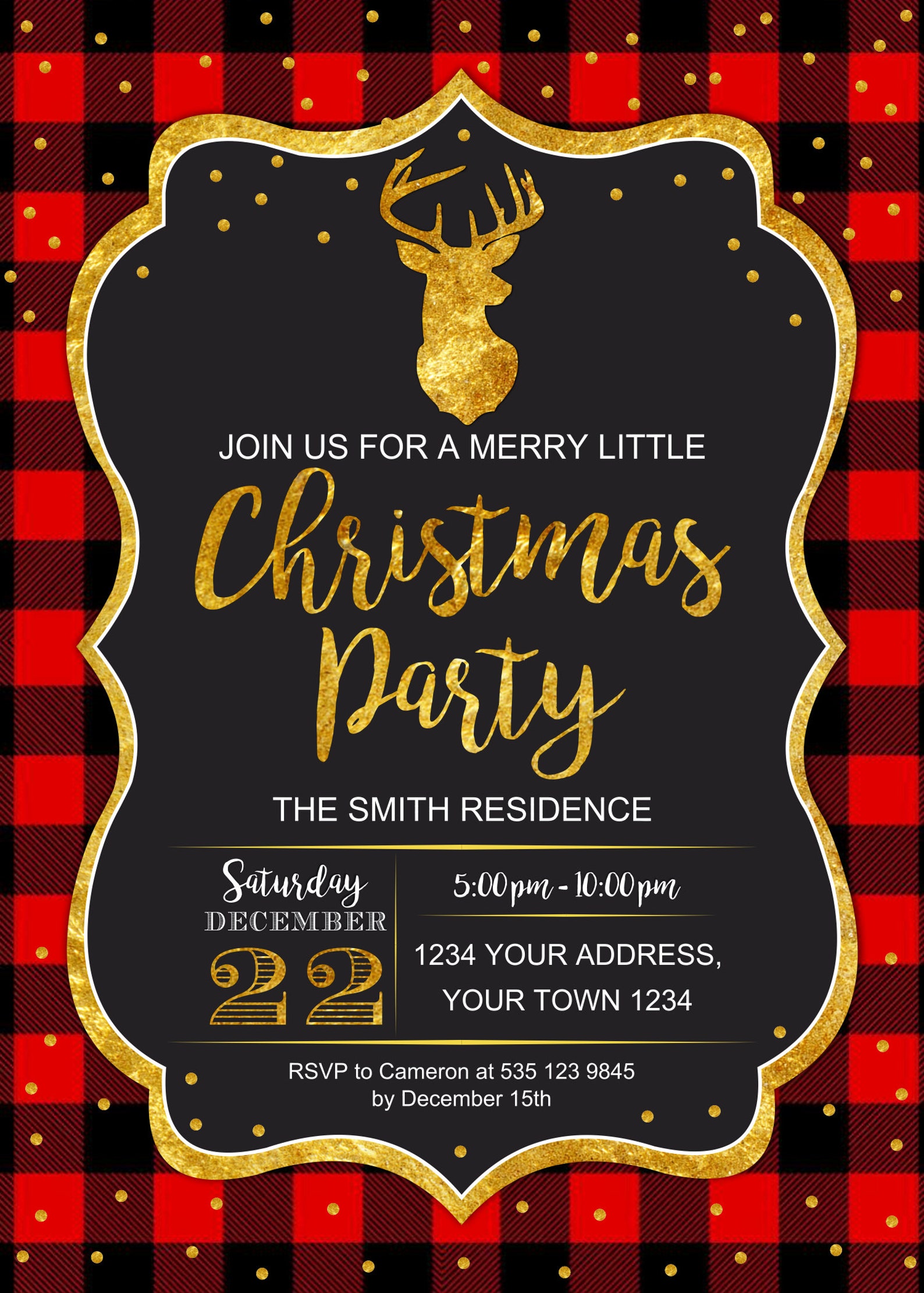 Buffalo Plaid Holiday Party Invitation. Gold Deer Flannel | Etsy