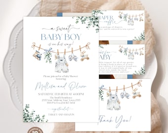 Editable Boy Baby Shower Invitation Set. A Sweet Baby Boy Is On His Way Baby Shower. Blue Boho Laundry Greenery Eucalyptus Outdoors Invite.