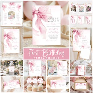 Può includere: Un set per il primo compleanno con fiocchi ad acquerello rosa su tutti gli articoli, inclusi inviti, cartelli di benvenuto, striscioni fotografici, etichette per bottiglie, decorazioni per cupcake, biglietti di ringraziamento e scatole.