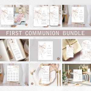 Editable First Holy Communion Invitation Bundle with Beige Bow and Pearls. Elegant Girl First Communion Card Set. Mocha Taupe Bow and Pearl.