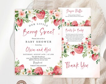 Editable Strawberry Baby Shower Invitation Suite, Berry Sweet Invite Template (Digital Download)