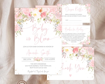 Editable Baby Shower Invitation Set. Baby in Bloom Baby Shower Invite. Electronic Girl Baby Shower Invite. Floral Baby Shower. Blush Pink.