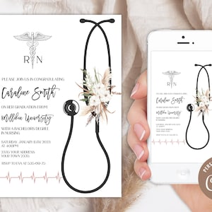 Editable Nursing Graduation Invitation. Registered Nurse Invite. Floral RN invitate. Boho Floral Graduation. Dried Flowers.  Black & White.