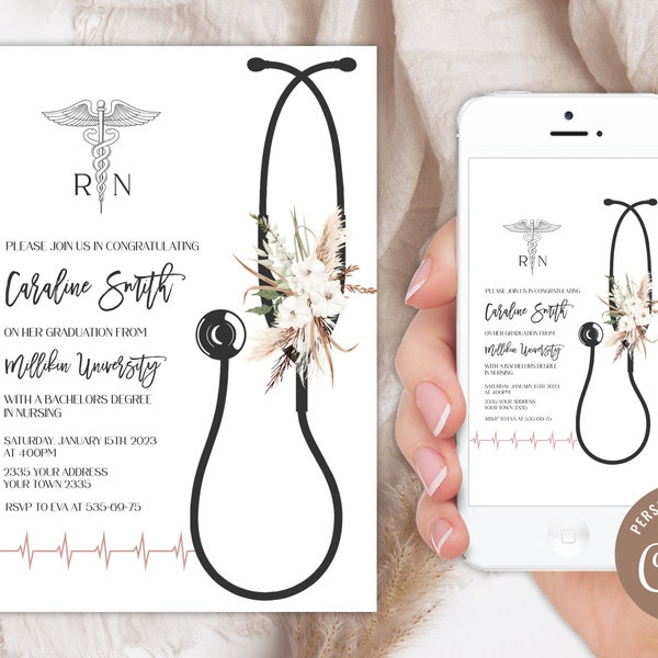 Editable Nursing Graduation Invitation. Registered Nurse Invite. Floral RN invitate. Boho Floral Graduation. Dried Flowers.  Black & White.