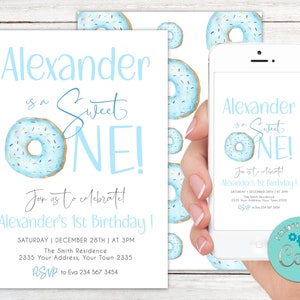 Blauer Donut 1. Geburtstagseinladung, Süßer, Aquarell (bearbeitbarer digitaler Artikel)