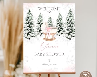 Editable Winter Baby Shower Welcome Sign, Woodland Pink Bow Girl Baby Shower Decor (Digital)