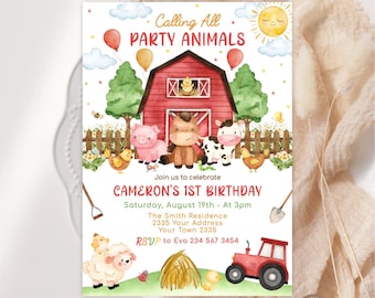 Editable Farm First Birthday Invitation. Boy Barnyard Birthday Party. Animal Birthday Party Invite. Red Farm. Farm Animals. Boy Farm Party.
