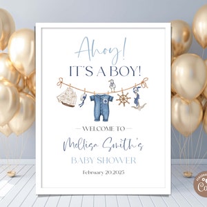 Editável Ahoy It's a Boy Baby Shower Placa de Boas-vindas. Placa de Boas-vindas Náutica para Chá de Bebê. Placa de Roupas de Menino em Aquarela Azul-Marinho Anchor para Exterior.