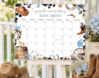 Editable Cowboy Baby Shower Due Date Calendar Game (Digital), Guess Baby's Birthday, Birthday Prediction, Wild West Boy