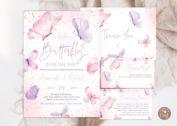 Editable Butterfly Baby Shower Invitation Set. Butterfly Baby Shower Invitation for Girl Bundle. Purple Pink Butterfly Baby Shower Bundle.