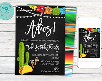 Editable Adios Farewell Party Invitation. Going Away Party Invite. Mexican Fiesta Good Bye. Moving Party. Succulent Cactus. Chalkboard.