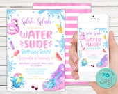Editable Water Slide Birthday Invitation. Backyard Waterslide Splash. Pool Party Birthday Invite. Water Park Invitation. Girl Pink Birthday.