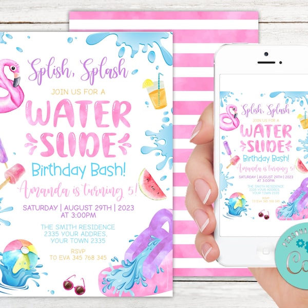 Editable Water Slide Birthday Invitation. Backyard Waterslide Splash. Pool Party Birthday Invite. Water Park Invitation. Girl Pink Birthday.