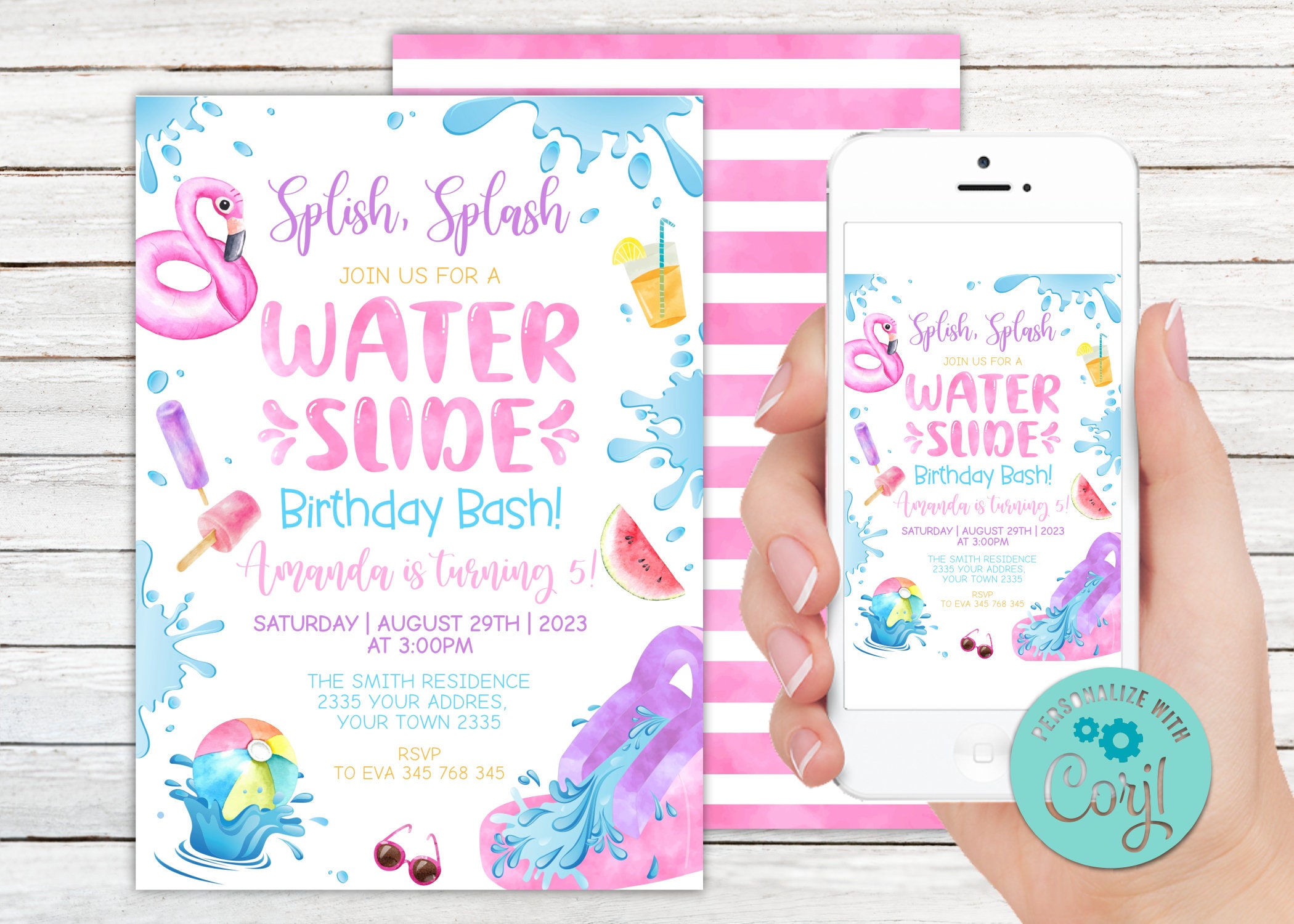 Editable Water Slide Birthday Invitation. Backyard Waterslide Splash. Pool Party Birthday Invite. Water Park Invitation. Girl Pink Birthday.