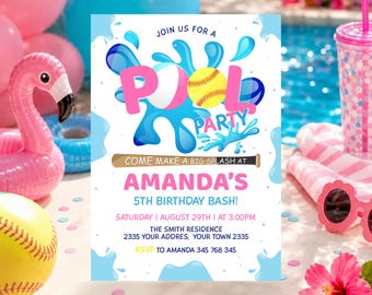 Puede incluir: Una tarjeta de invitación rectangular para fiesta en la piscina con salpicaduras de agua azules, una pelota de sóftbol y un bate de béisbol. El texto dice: JOIN US FOR A POOL PARTY, AMANDA'S 5TH BIRTHDAY BASH, SÁBADO 29 DE AGOSTO A LAS 3:00PM.