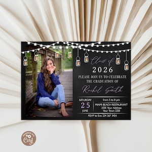 Editable Graduation Party Invitation: Mason Jar Lights (Digital Item). High School Graduation College. Mason Jar Ball Jar Backyard Party.