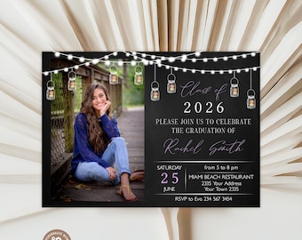Editable Graduation Party Invitation: Mason Jar Lights (Digital Item). High School Graduation College. Mason Jar Ball Jar Backyard Party.