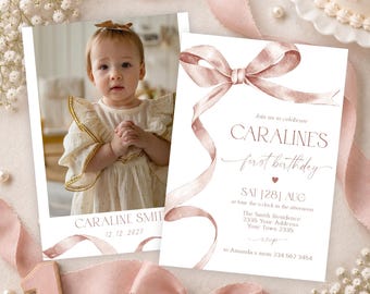 Editable First Birthday Invitation (Digital), Neutral Watercolor Bow Birthday Invite, Blush Pink and Beige