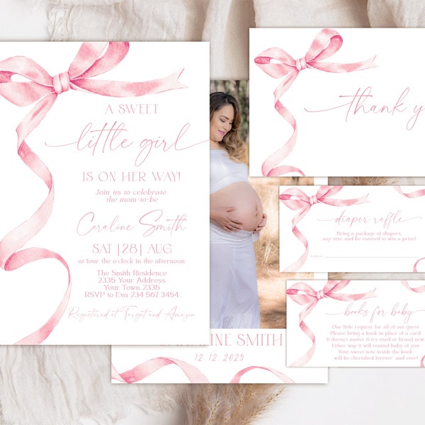 Editable Pink Bow Baby Shower Invitation Set. A Sweet Little girl Is On Her Way Baby Shower. Dusty Pink Ribbon Minimalist Baby Shower Invite