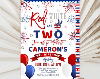 Red White and Two Birthday Invitation, 4th July (Digital)