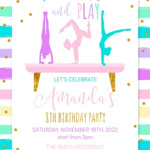 May include: A white invitation with a pink, blue, and purple striped background. The invitation is for Amanda's 8th birthday party. The invitation features a silhouette of three gymnasts on a pink balance beam. The text on the invitation reads "Flip, Tumble, Jump and Play, Let's Celebrate Amanda's 8th Birthday Party, Saturday, November 18th, 2022, start from 2pm, The Smith Residence, 2335 Your Address, Your Town 2335, RSVP to Eva 234 567 3454".