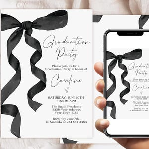 Editable Black Bow Graduation Party Invitation. Pastel Black Bow Elegant Graduation Celebration Invite. Watercolor Black Ribbon Modern.