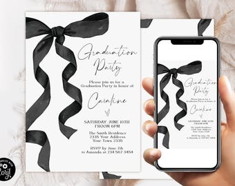 Editable Black Bow Graduation Party Invitation. Pastel Black Bow Elegant Graduation Celebration Invite. Watercolor Black Ribbon Modern.