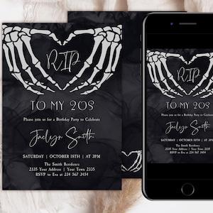 Editable RIP to Twenties Birthday Invitation. RIP to my 20s Invite. Goth Skull Birthday Party. Death to 20s Invite. 30th Birthday. Halloween