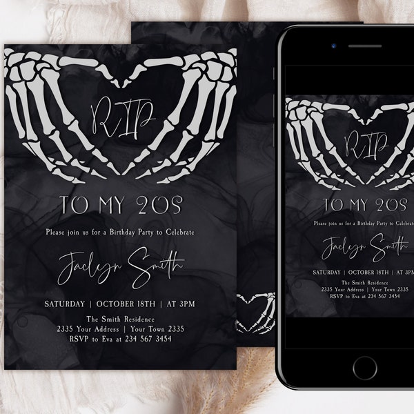 Editable RIP to Twenties Birthday Invitation. RIP to my 20s Invite. Goth Skull Birthday Party. Death to 20s Invite. 30th Birthday. Halloween