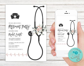 Editable Nurse Retirement Invitation. Nurse Retirement Party Invite. Floral Nurse Retirement Invite. Doctor Retirement invite. Black & White