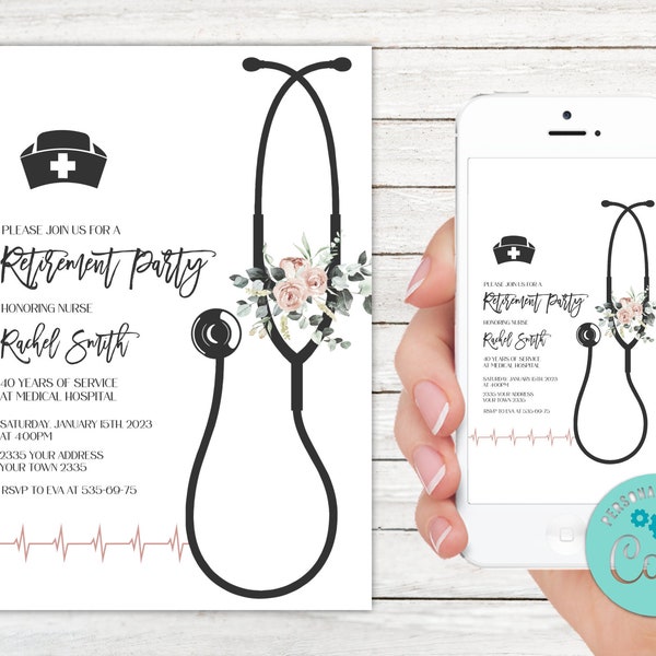 Editable Nurse Retirement Invitation. Nurse Retirement Party Invite. Floral Nurse Retirement Invite. Doctor Retirement invite. Black & White