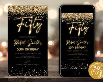 Editable 50th Birthday Invitation. Glitter Gold Neon Birthday Party Evite. Electronic  Adult Fifty Birthday Party. Phone Text Evite. Any Age