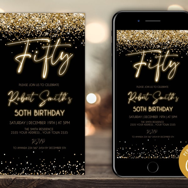 Editable 50th Birthday Invitation. Glitter Gold Neon Birthday Party Evite. Electronic  Adult Fifty Birthday Party. Phone Text Evite. Any Age