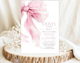 Editable Pink Bow First Birthday Invitation, Coquette Style 5x7 Digital Invite, Watercolor Dusty Pink