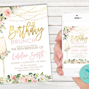 Bearbeitbare Geburtstags-Brunch-Einladung. 30. Geburtstags-Einladung. Blush Rose und Gold-Geburtstags-Party einladen. Aquarell Rosa. Für Frauen jeden Alters