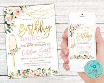 Blush Rose Birthday Brunch Invitation, Editable Template (Digital)