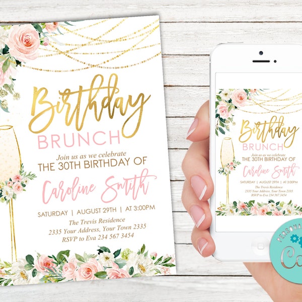 Editable Birthday Brunch Invitation. 30th Birthday Invitation. Blush Rose and Gold Birthday Party Invite. Watercolor Pink. For Women Any age